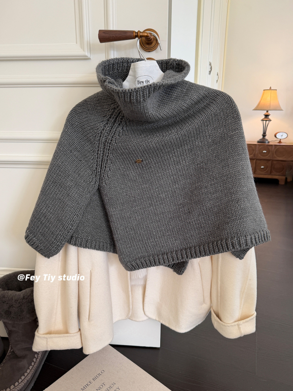 Pelerină-șal tricotat cu glugă pentru femei, căldură de iarnă, material amestec, tricotaj warp, guler înalt