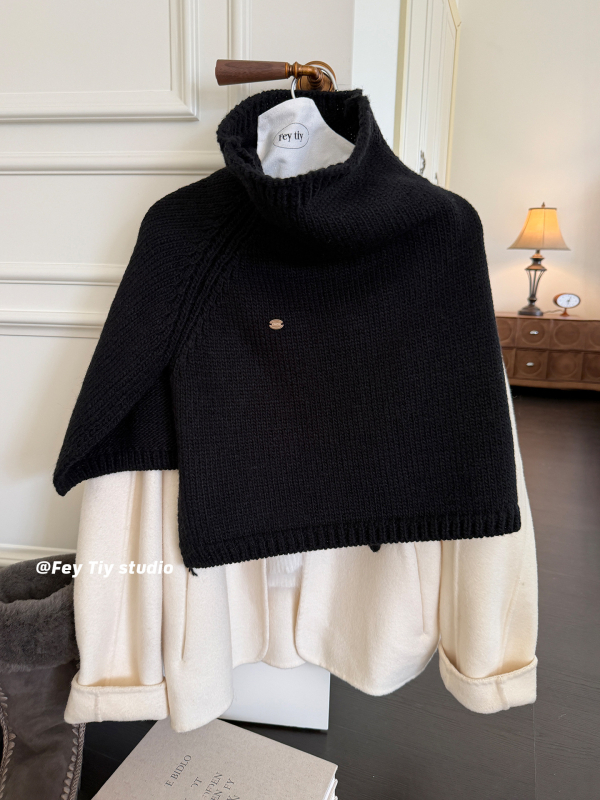 Pelerină-șal tricotat cu glugă pentru femei, căldură de iarnă, material amestec, tricotaj warp, guler înalt