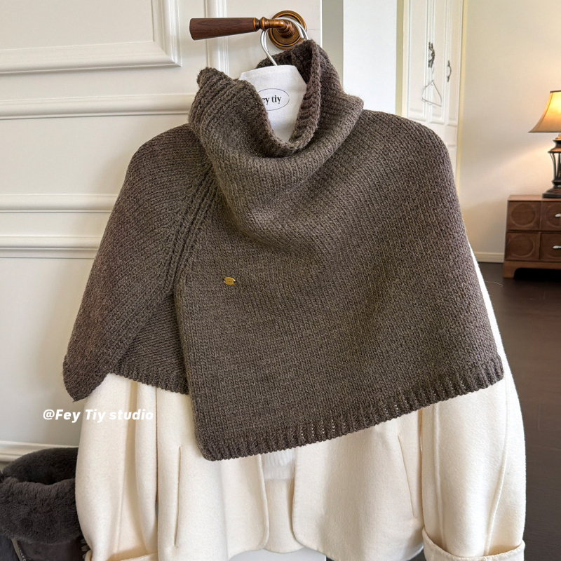 Pelerină-șal tricotat cu glugă pentru femei, căldură de iarnă, material amestec, tricotaj warp, guler înalt