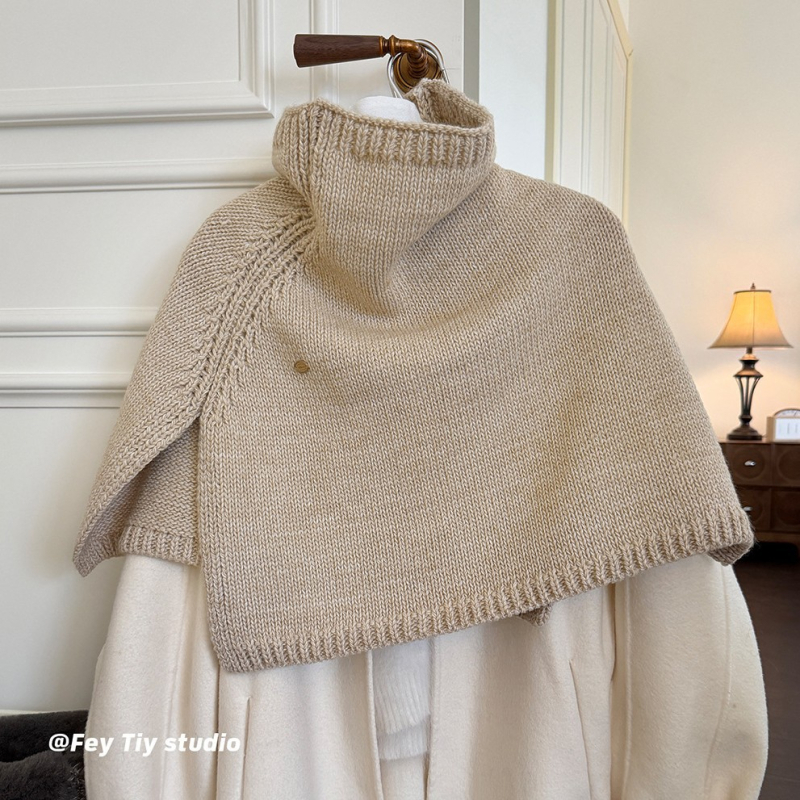 Pelerină-șal tricotat cu glugă pentru femei, căldură de iarnă, material amestec, tricotaj warp, guler înalt