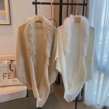 Дамска пелерина с ресни и пухено яке, изкуствен кашмир, едноцветна, топла за зима, пролет и есен