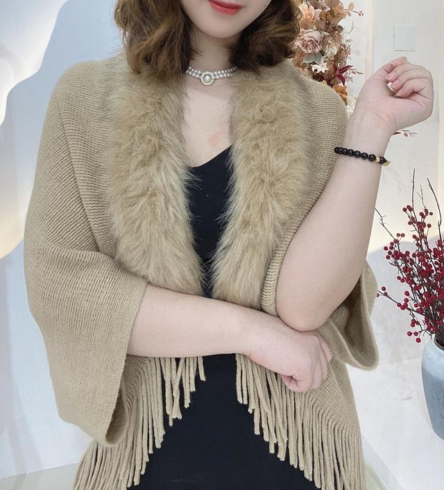 Дамска пелерина с ресни и пухено яке, изкуствен кашмир, едноцветна, топла за зима, пролет и есен