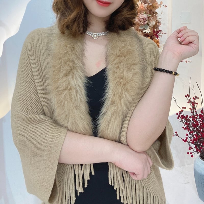 Дамска пелерина с ресни и пухено яке, изкуствен кашмир, едноцветна, топла за зима, пролет и есен