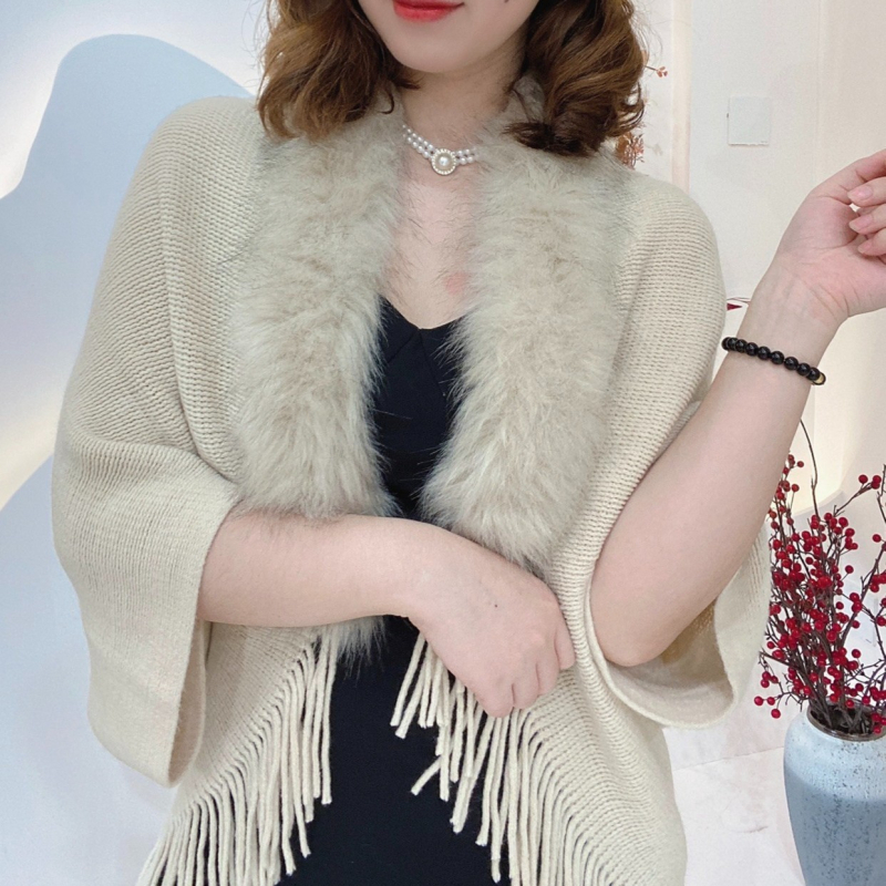 Дамска пелерина с ресни и пухено яке, изкуствен кашмир, едноцветна, топла за зима, пролет и есен