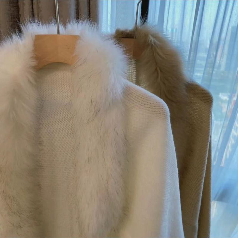 Дамска пелерина с ресни и пухено яке, изкуствен кашмир, едноцветна, топла за зима, пролет и есен