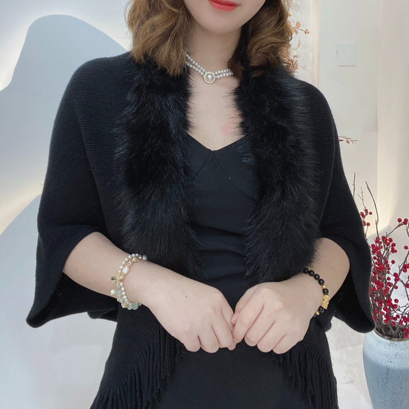 Дамска пелерина с ресни и пухено яке, изкуствен кашмир, едноцветна, топла за зима, пролет и есен