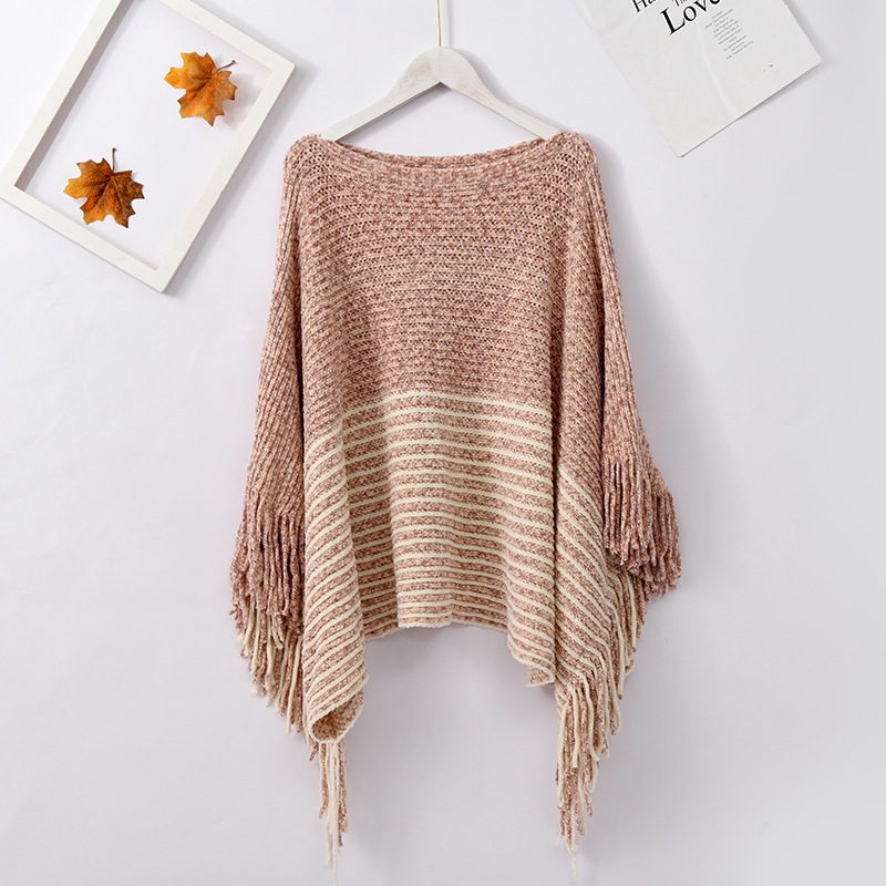 Pleten pončo od chenille pređe s izrezom na boat-neck, resice, nordijski stil, topao šal