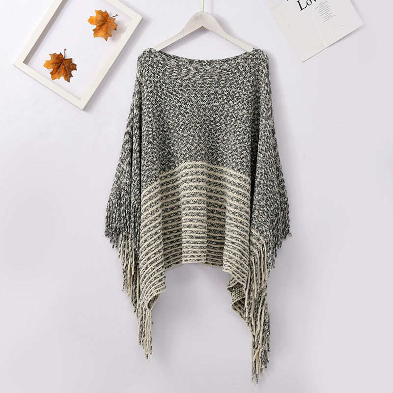 Pleten pončo od chenille pređe s izrezom na boat-neck, resice, nordijski stil, topao šal