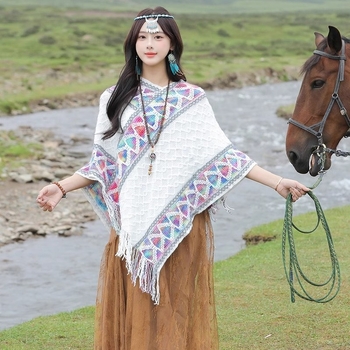 Șal în stil etnic pentru femei, bumbac, țesătură warp-knit, model în grilă