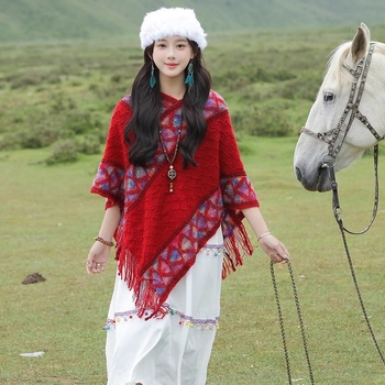 Șal în stil etnic pentru femei, bumbac, țesătură warp-knit, model în grilă