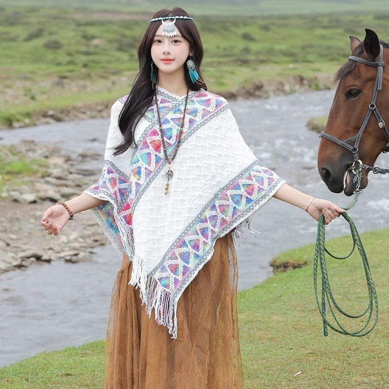 Șal în stil etnic pentru femei, bumbac, țesătură warp-knit, model în grilă