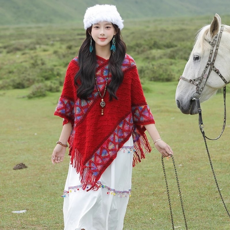 Șal în stil etnic pentru femei, bumbac, țesătură warp-knit, model în grilă