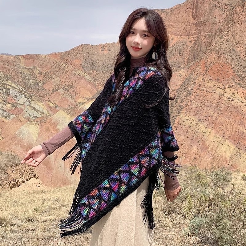 Șal în stil etnic pentru femei, bumbac, țesătură warp-knit, model în grilă