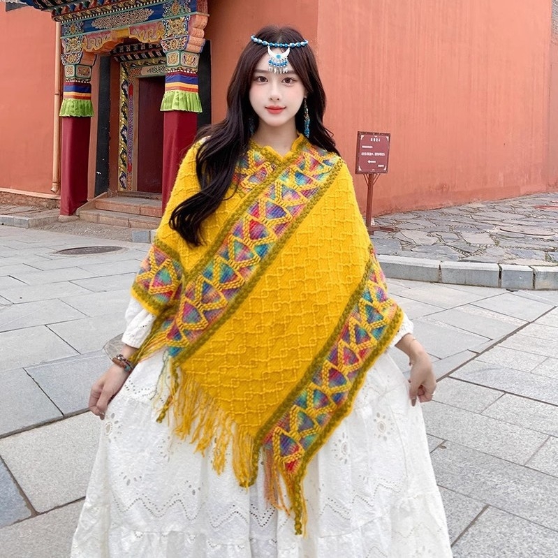 Șal în stil etnic pentru femei, bumbac, țesătură warp-knit, model în grilă