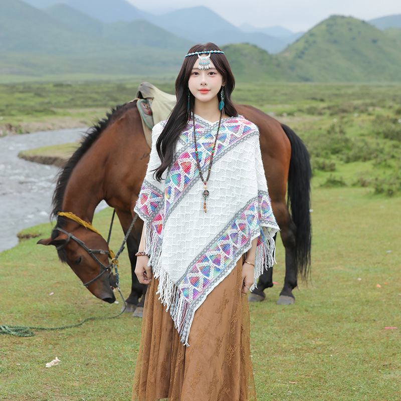Șal în stil etnic pentru femei, bumbac, țesătură warp-knit, model în grilă