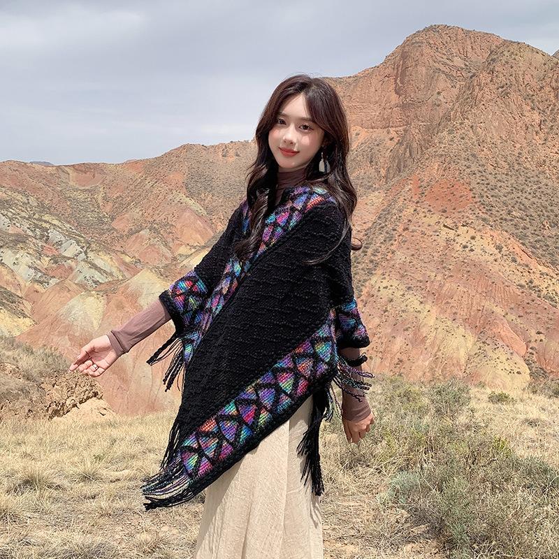 Șal în stil etnic pentru femei, bumbac, țesătură warp-knit, model în grilă