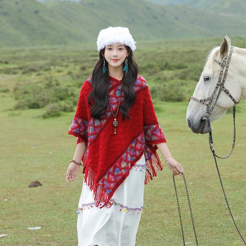 Șal în stil etnic pentru femei, bumbac, țesătură warp-knit, model în grilă