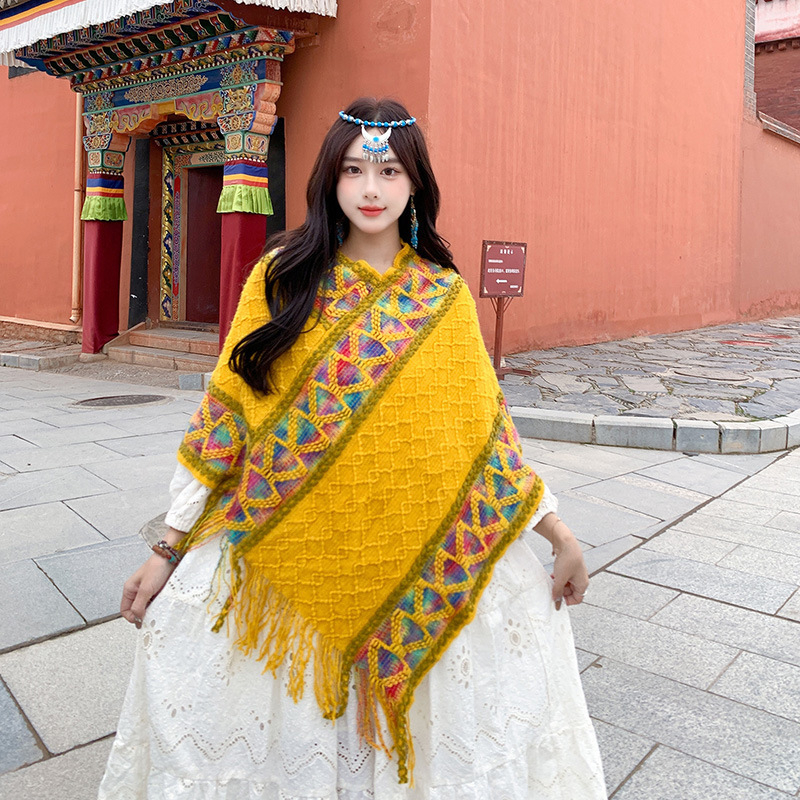 Șal în stil etnic pentru femei, bumbac, țesătură warp-knit, model în grilă