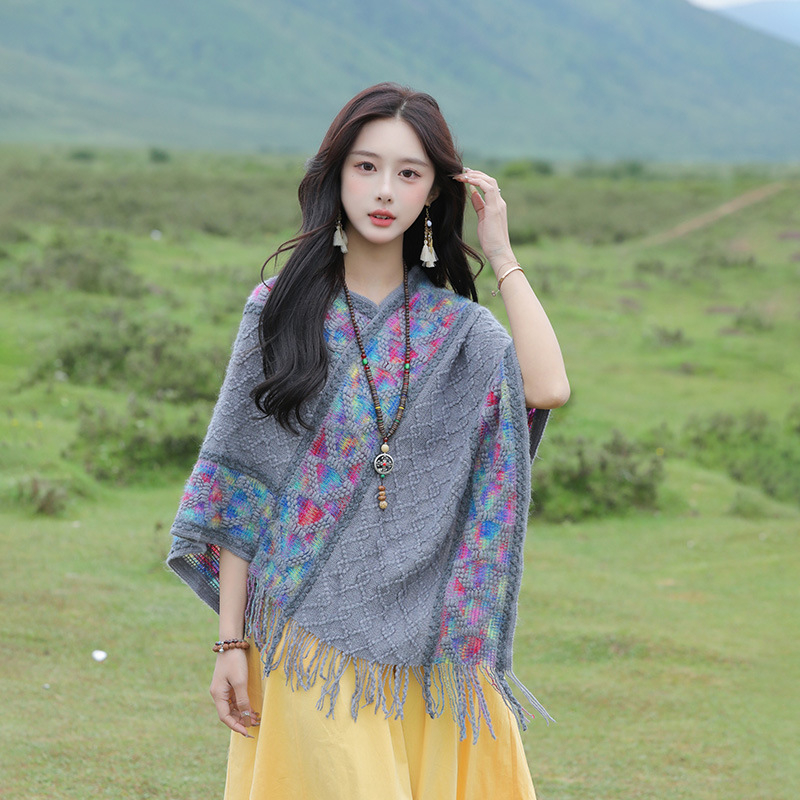 Șal în stil etnic pentru femei, bumbac, țesătură warp-knit, model în grilă
