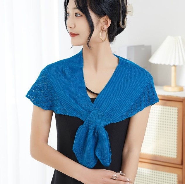 Șal tricotat pentru femei — pelerină cu coadă de pește, înfășurare la umeri, model monocrom, tricot vară-primăvară-toamnă