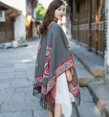 Șal: stil etnic, cald și versatil (Material: imitație de cașmir; Țesătură: warp knitting; Procesare: jacquard; Model: potriveire cromatică)