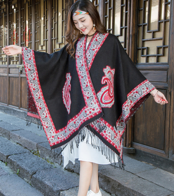 Șal: stil etnic, cald și versatil (Material: imitație de cașmir; Țesătură: warp knitting; Procesare: jacquard; Model: potriveire cromatică)