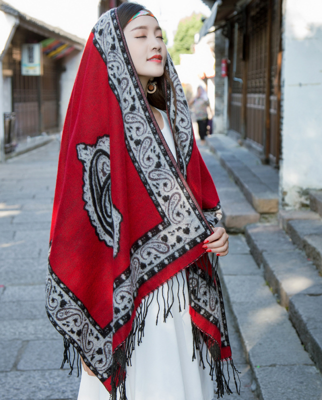 Șal: stil etnic, cald și versatil (Material: imitație de cașmir; Țesătură: warp knitting; Procesare: jacquard; Model: potriveire cromatică)