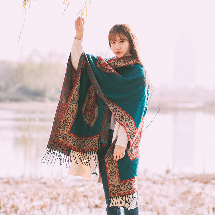 Șal: stil etnic, cald și versatil (Material: imitație de cașmir; Țesătură: warp knitting; Procesare: jacquard; Model: potriveire cromatică)