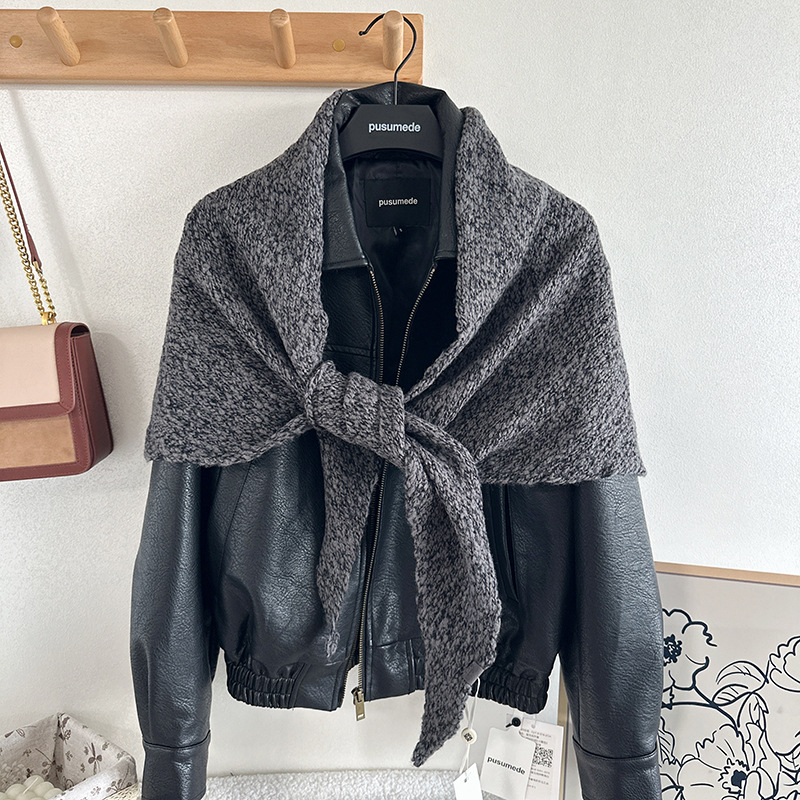 Триъгълен вълнен шал, плетен, точкова шарка, запазва топлината, за зима и есен