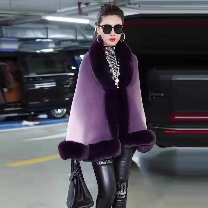 Ženski pleteni kaput s krznenim ovratnikom, materijal umjetni kašmir, elegantan društveni stil, srednja duljina, pleteni način warp, uzorak color-block, održava toplinu