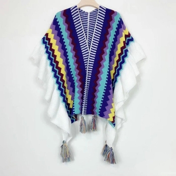Boemski vuneni šal s prugama i volanima - jesen/zima, warp-knit tkanje, šareno mrežasti uzorak