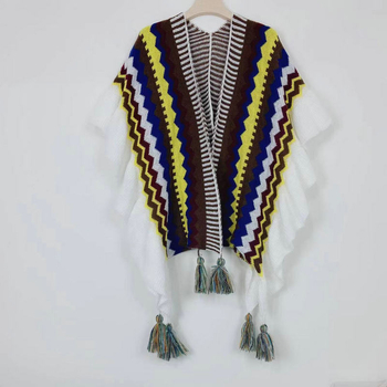 Boemski vuneni šal s prugama i volanima - jesen/zima, warp-knit tkanje, šareno mrežasti uzorak