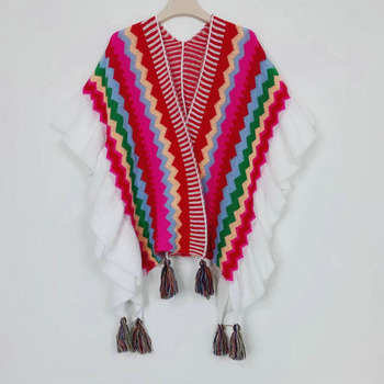Boemski vuneni šal s prugama i volanima - jesen/zima, warp-knit tkanje, šareno mrežasti uzorak