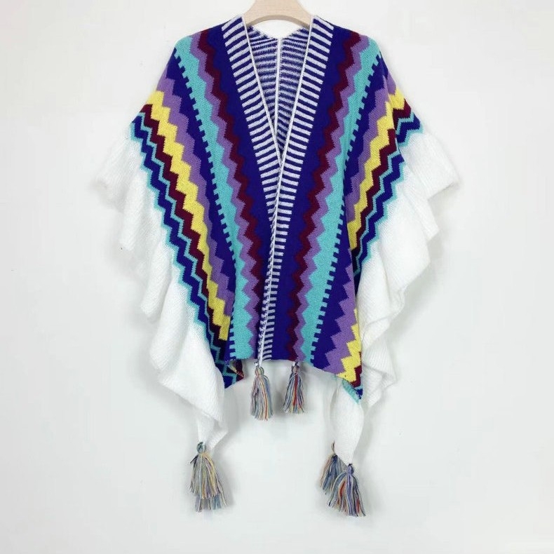 Boemski vuneni šal s prugama i volanima - jesen/zima, warp-knit tkanje, šareno mrežasti uzorak