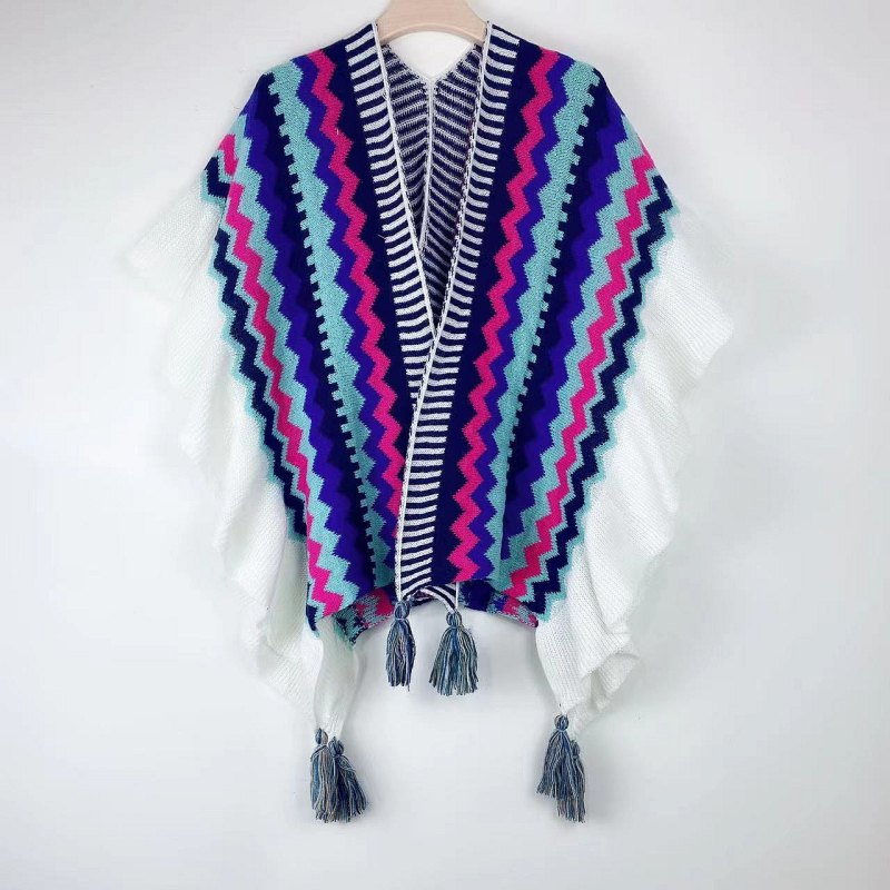 Boemski vuneni šal s prugama i volanima - jesen/zima, warp-knit tkanje, šareno mrežasti uzorak