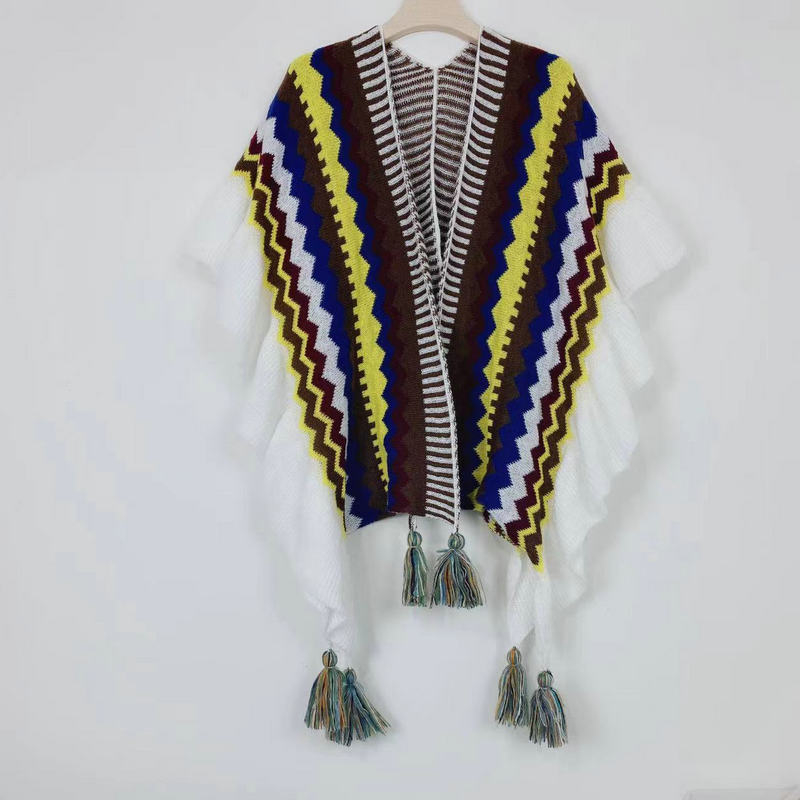 Boemski vuneni šal s prugama i volanima - jesen/zima, warp-knit tkanje, šareno mrežasti uzorak