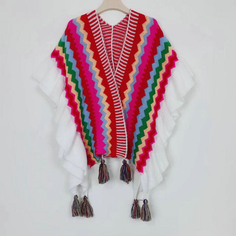 Boemski vuneni šal s prugama i volanima - jesen/zima, warp-knit tkanje, šareno mrežasti uzorak