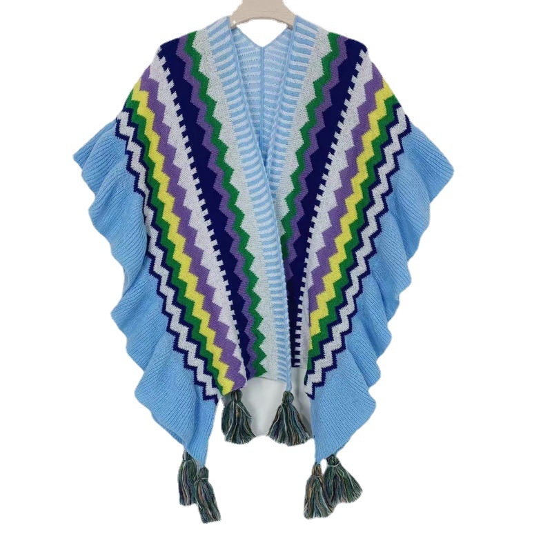 Boemski vuneni šal s prugama i volanima - jesen/zima, warp-knit tkanje, šareno mrežasti uzorak