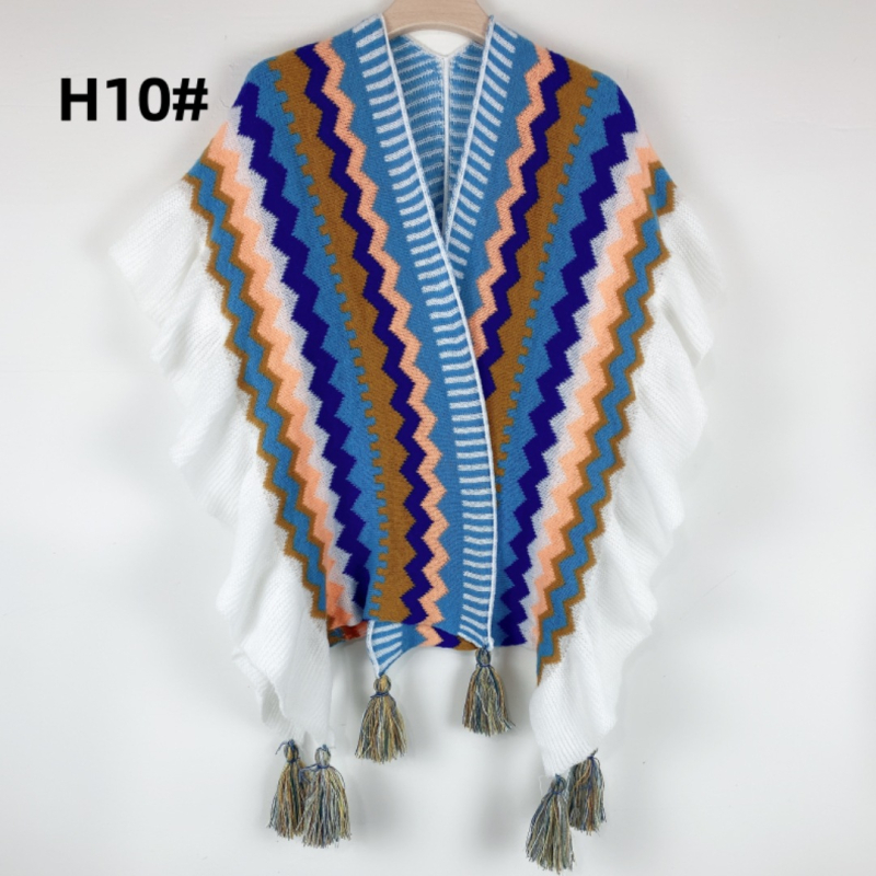 Boemski vuneni šal s prugama i volanima - jesen/zima, warp-knit tkanje, šareno mrežasti uzorak