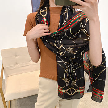 Дълъг шал от сатен Mulberry Silk Satin с пискюли, принт с модел, слънцезащита за лято