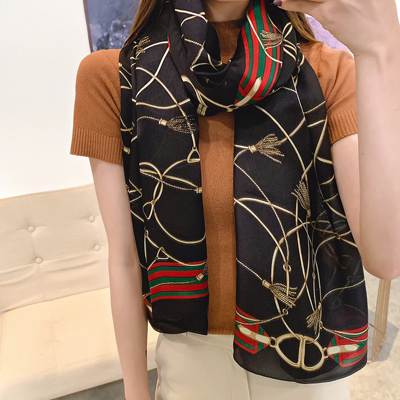 Дълъг шал от сатен Mulberry Silk Satin с пискюли, принт с модел, слънцезащита за лято