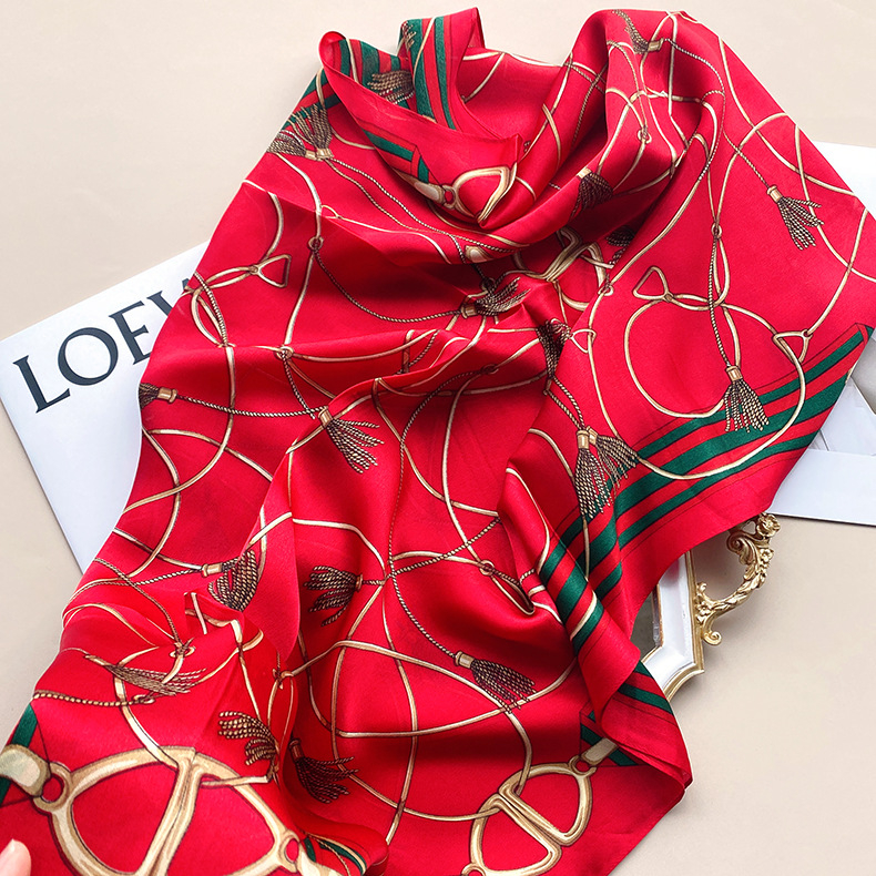 Дълъг шал от сатен Mulberry Silk Satin с пискюли, принт с модел, слънцезащита за лято