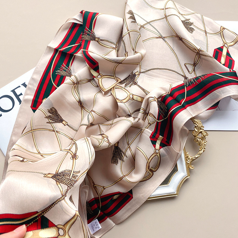 Дълъг шал от сатен Mulberry Silk Satin с пискюли, принт с модел, слънцезащита за лято