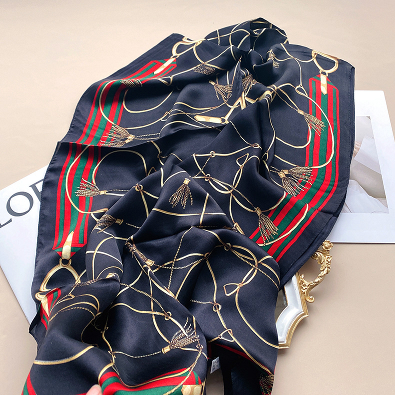 Дълъг шал от сатен Mulberry Silk Satin с пискюли, принт с модел, слънцезащита за лято