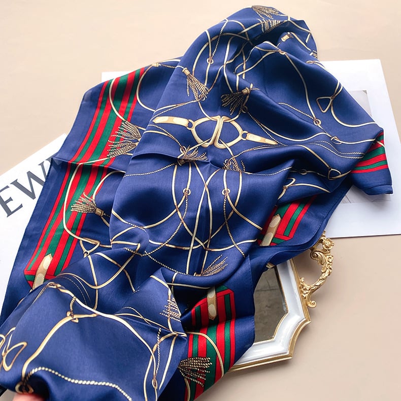 Дълъг шал от сатен Mulberry Silk Satin с пискюли, принт с модел, слънцезащита за лято