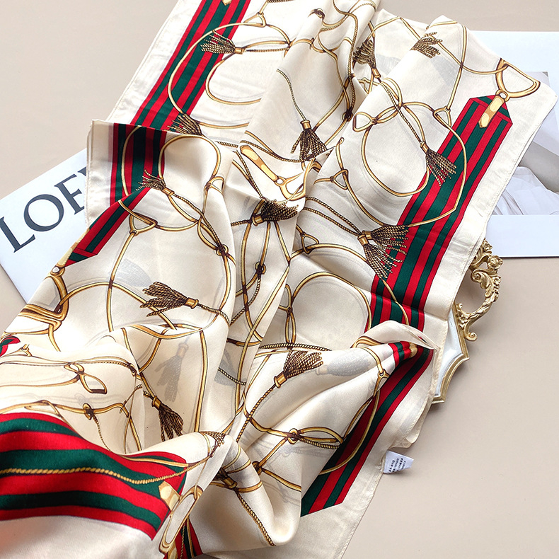 Дълъг шал от сатен Mulberry Silk Satin с пискюли, принт с модел, слънцезащита за лято