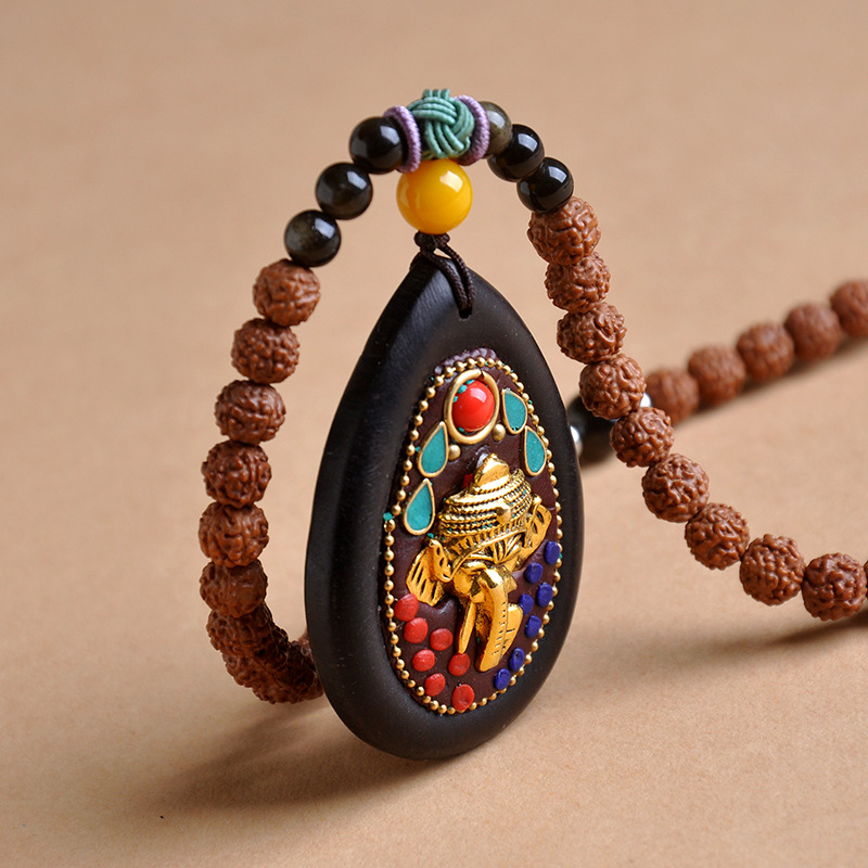 Roku darīta budistu kaklarota ar koka kulonu, santalkoks, virves Bodhi ķēde, universāls garums