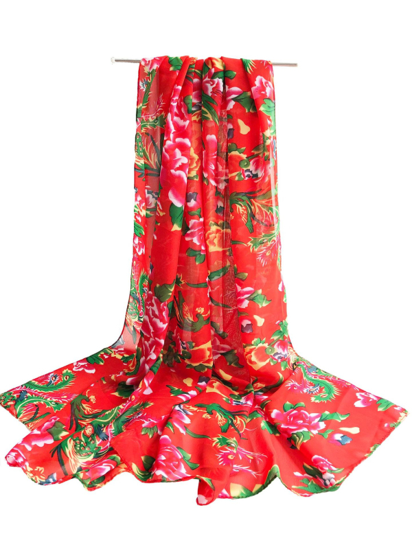 Sál/kendő észak-keleti nagy virág mintával, poliészter rost, sima kötés, nyomtatás és tie-dye, etnikai kínai stílus