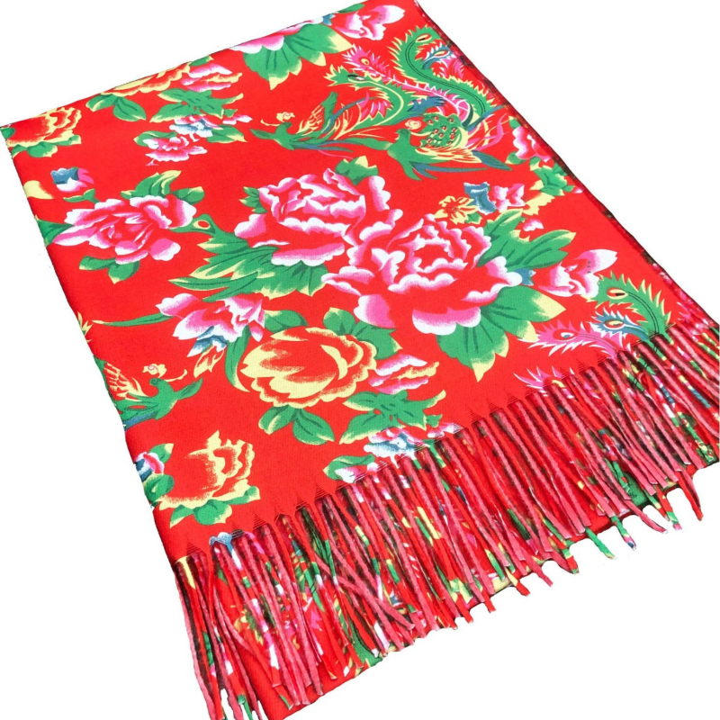 Sál/kendő észak-keleti nagy virág mintával, poliészter rost, sima kötés, nyomtatás és tie-dye, etnikai kínai stílus