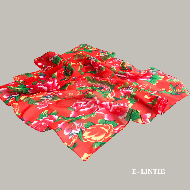 Sál/kendő észak-keleti nagy virág mintával, poliészter rost, sima kötés, nyomtatás és tie-dye, etnikai kínai stílus